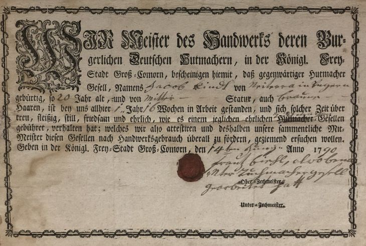 Tovarišský list cechu klobúčnikov v Komárne - 1